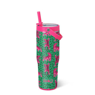 Green water bottle with pink tiger pattern and pink lid.