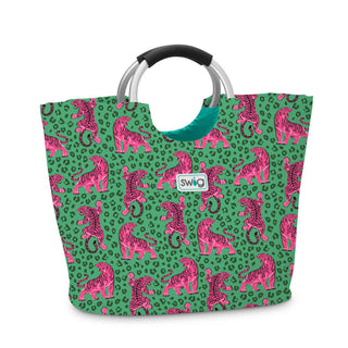Green tote bag with pink tiger pattern. 