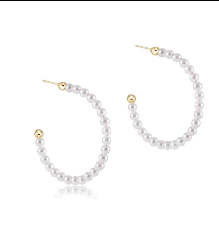 Beaded Gemstone 1.25" Post Hoop - 3mm Pearl
