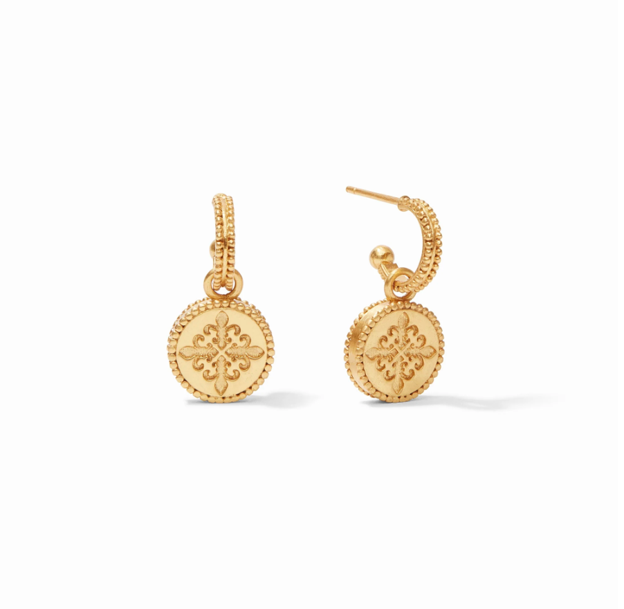 Fleur-De-Lis Hoop & Charm Earrings Gold/Pave Cubic Zirconia