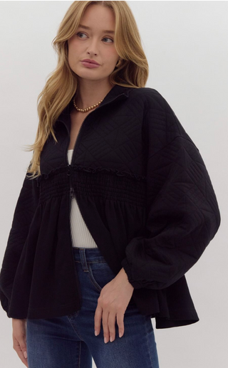 Smocked Charm Zip-Up Jacket - Black