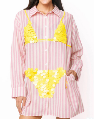 Queen Of Sparkles | Pink Striped Yellow Paillette Bikini Tunic