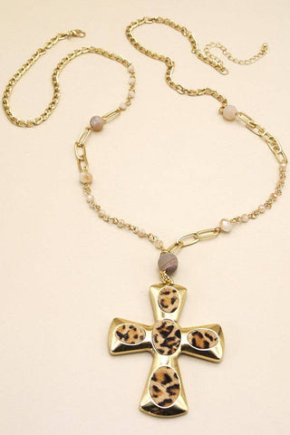 Long Cross Leopard Beaded Necklace