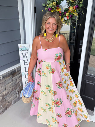 fruit and floral maxi colorblock dress