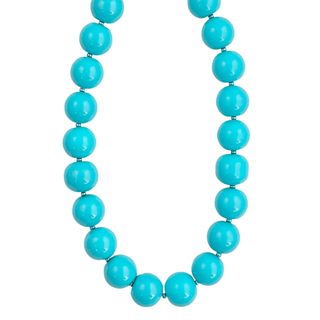 A beaded necklace made of glossy, polished turquoise-blue round beads.