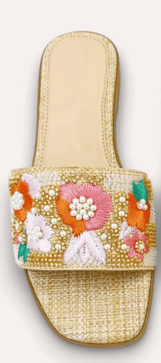 Artisanal Floral Pearl Raffia Sandals
