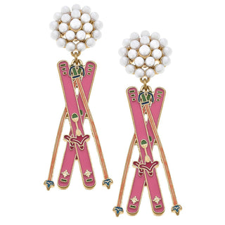 Aspen Ski Pearl Cluster Enamel Earrings - Pink