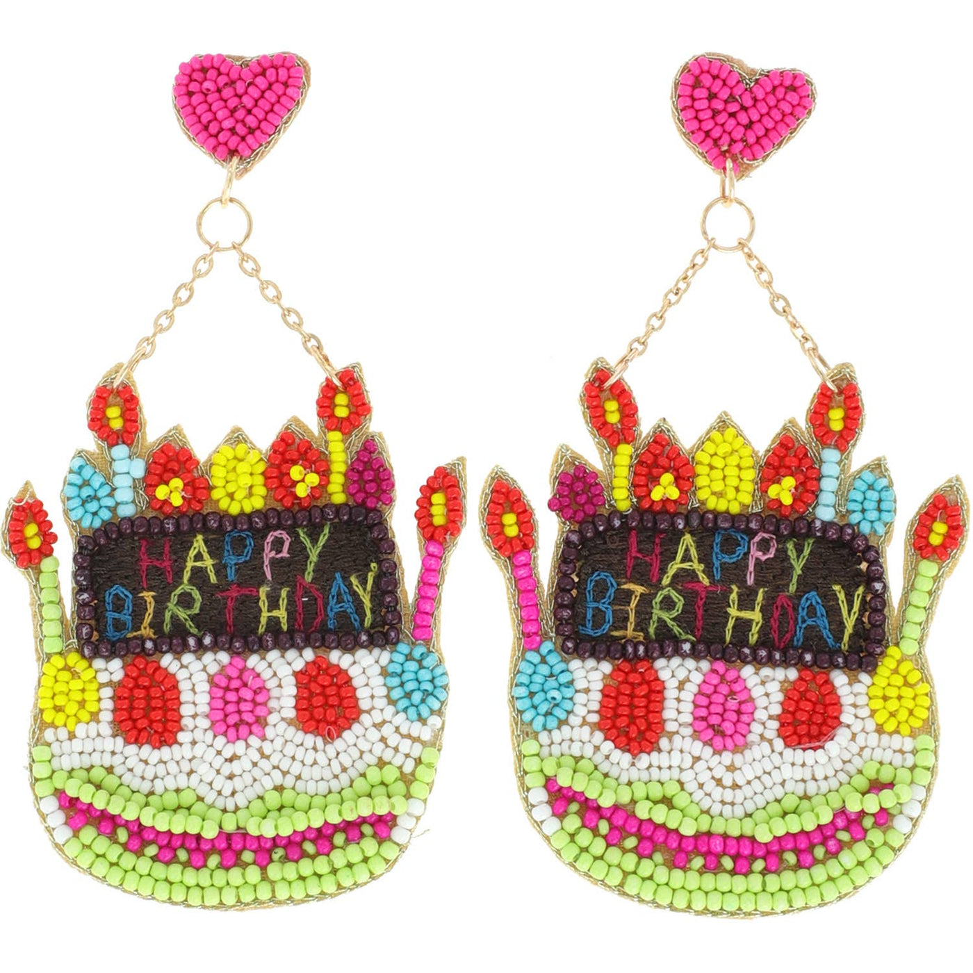Beaded Heart Post "Happy Birthday" Cake Dangle Earrings