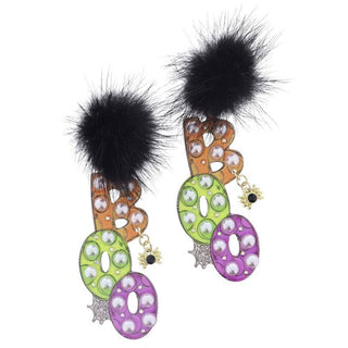 Fluffy Black Pom Post "BOO"  Earrings