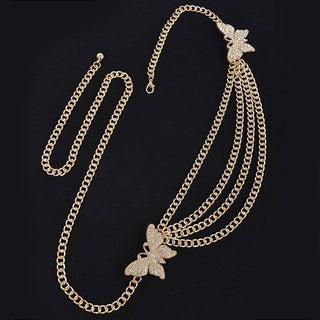 A gold-tone double-strand chain belt with butterfly charms, embellished with small clear rhinestones.