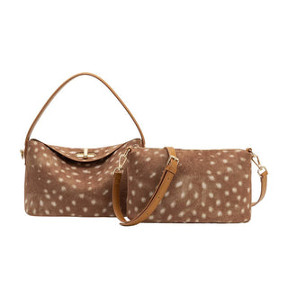 Bambi print vegan leather handbag with white spots and removable pouch.