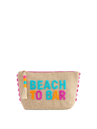 Pouch with 'Beach to Bar' text and colorful tassel.