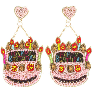 Beaded Heart Post "Happy Birthday" Cake Dangle Earrings