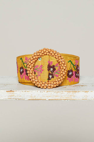 Beaded Mustard Circle Buckle Floral Belt