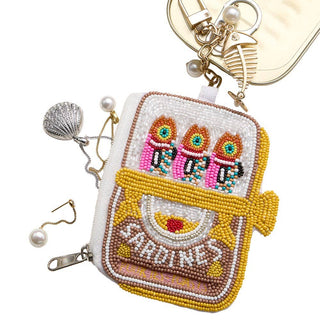 Colorful Sardine Can beaded keychain with fishbone charm.