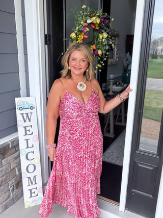 pink multi-colored pleated maxi dress