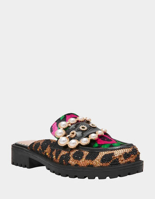 Decorative shoe with leopard print, floral design, and pearl embellishments.
