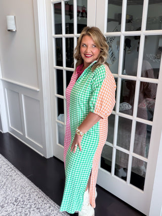 Blakely Color-Block Gingham Midi Dress
