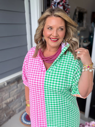 Blakely Color-Block Gingham Midi Dress