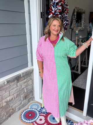 Blakely Color-Block Gingham Midi Dress