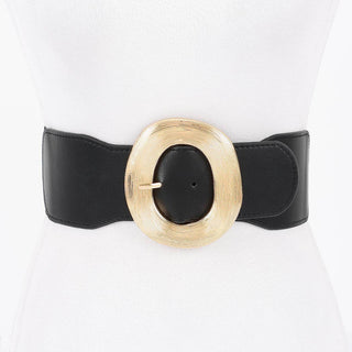 Black stretchy belt with a gold buckle.