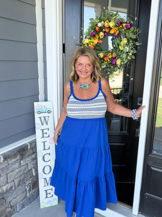 blue crochet top maxi dress