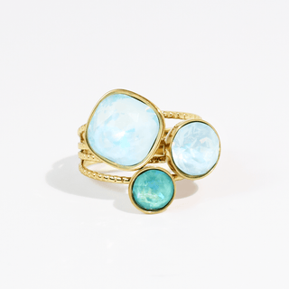 A gold ring featuring three round cabochon gemstones in light blue, pale aqua, and teal.