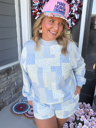 blue floral patchwork sweatshirt