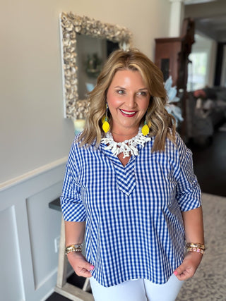 blue and white gingham top