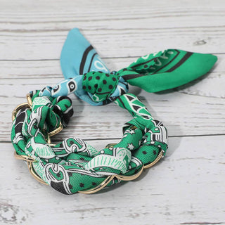 Green and gold bandana scarf bracelet.