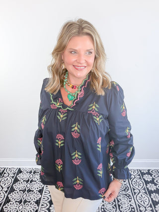 navy floral embroidered blouse