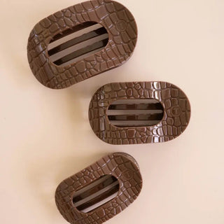 Teleties Brown Crocodile round flat hair clips.