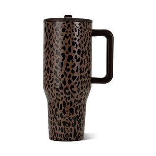 A 40oz travel tumbler with a brown and black leopard print pattern, featuring a dark brown handle and lid made by Hydro Jug