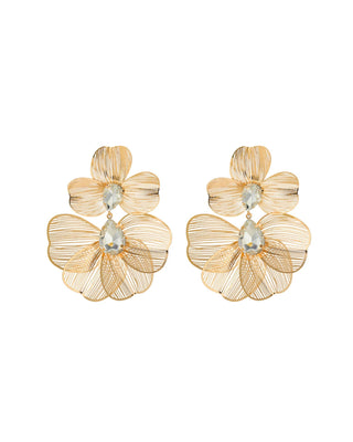Gold floral earrings with clear gemstones 