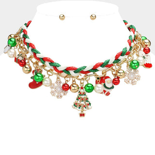 Christmas Charm Bell Embellished Chain Braided Layered Necklace