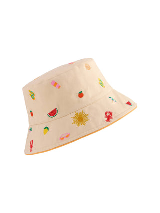 Beige reversible bucket hat with colorful summer-themed embroidery.