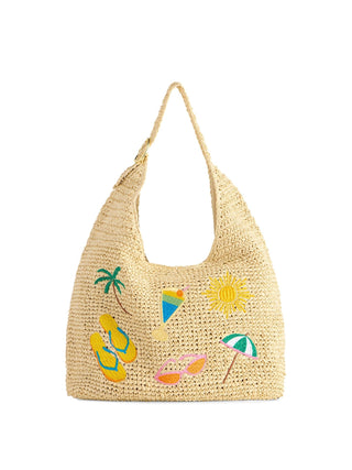 Woven slouch handbag with beach-themed decorations.