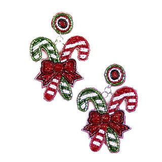 Candy Cane Beaded Earrings - Red/Green/White