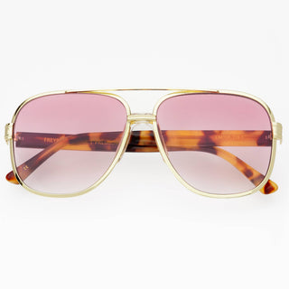 Gold-framed aviator style sunglasses with pink lenses.