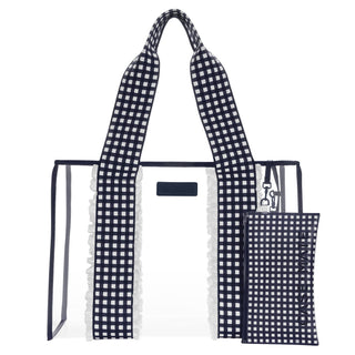 Navy and white gingham case mate jelly tote bag with matching pouch.