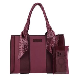 Mulberry Twilly Casemate tote bag with matching translucent phone pouch and a paisley scarf tied to the handles.