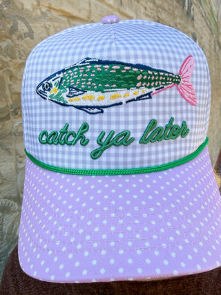 polka dots and gingham "Catch ya later" trucker hat with green and pink fish 