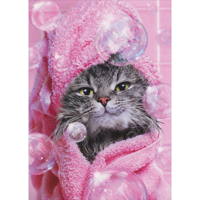 Pink Towel Cat Birthday Card