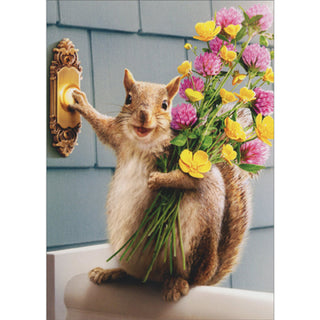 "Squirrel Delivers Flower Bouquet" New Home Card