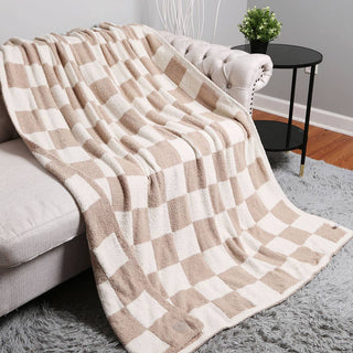 Checkerboard Patterned Throw Blanket - Beige