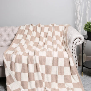 Checkerboard Patterned Throw Blanket - Beige