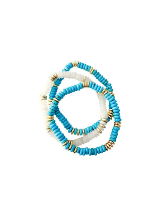 Set of blue and white 18k gold plated beaded bracelets.