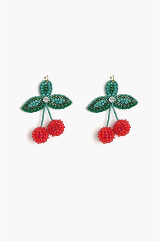 Pair of hand beaded cherry earrings by America & Beyond.