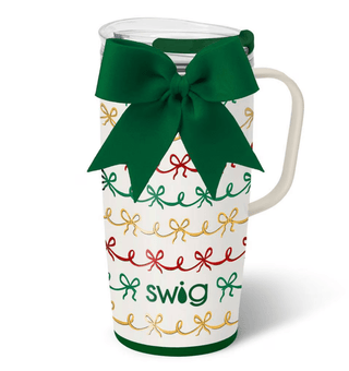 Swig Christmas bow 22oz travel mug with colorful bow pattern and green ribbon