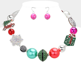 Christmas ornament beaded necklace and earring set.